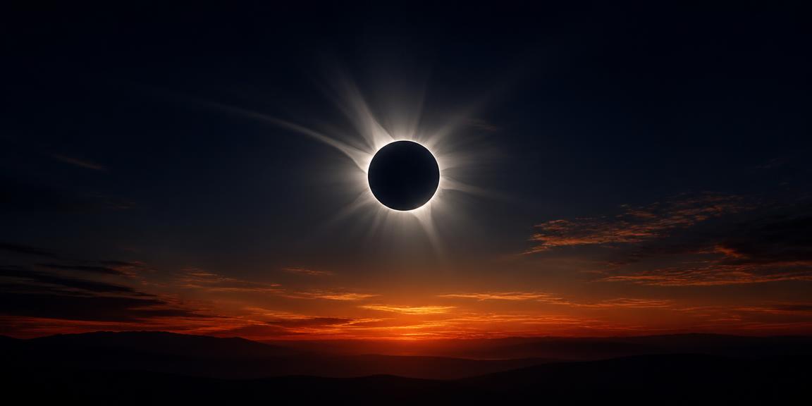 Total solar eclipse with silver corona rays above a glowing amber horizon
